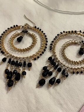 Gold Hoop Chandelier Earrings with Black Beads - Women's Jewelry